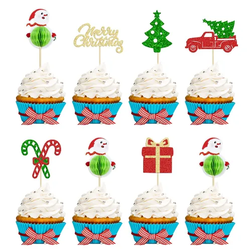 Vista 18 de Gyufise 24 piezas Adornos de pastel para revelación de género de Navidad con purpurina, sombrero navideño de Navidad, adorno de pastel de él o ella