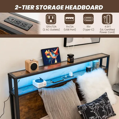 Vista 4 de Giantex Base de cama matrimonial con cabecero de luces LED y 4 cajones de almacenamiento, plataforma de metal con tomas de corriente y puertos USB