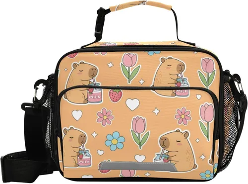 Vista 12 de Aslsiy Bolsa de almuerzo para mujer, diseño de arcoíris, con diseño de mariposa, con diseño de corazones brillantes, con correa ajustable