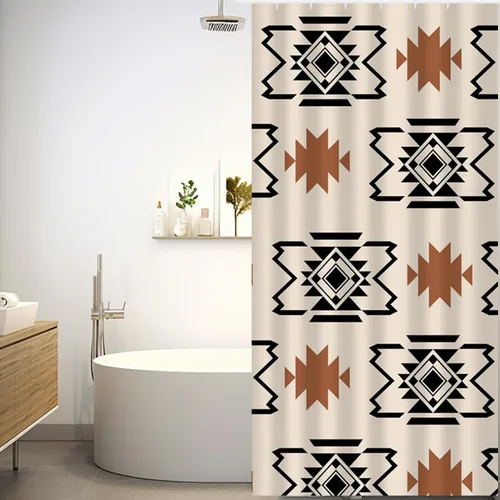 Vista 14 de Cortina de ducha de calavera de toro occidental estilo boho con cuernos de vaca, calavera de cactus bohemia en negro y dorado con ganchos, cortina