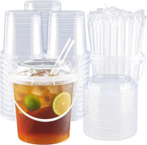 Vista 8 de Juego de 20 mini cubos para bebidas de 16 onzas, vasos de plástico transparente con tapas y pajitas, vasos desechables para bebidas frías, café