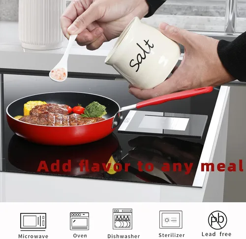 Vista 4 de ONTUBE Tazón de sal de cerámica con tapa y cuchara 12oz (beige) Ceramic, 12 oz, lid & spoon, air-tight, keeps salt dry, easy-to-clean