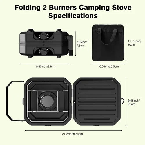 Vista 8 de Estufa de camping portátil de propano Estufa de campamento con calor ajustable independientemente y bolsa de transporte, estufa de gas plegable