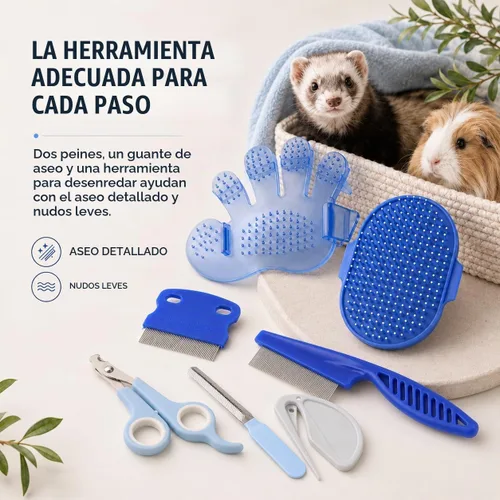 Vista 5 de Kit de aseo de conejo, cepillo de conejo de 7 piezas y cuidado de Azul