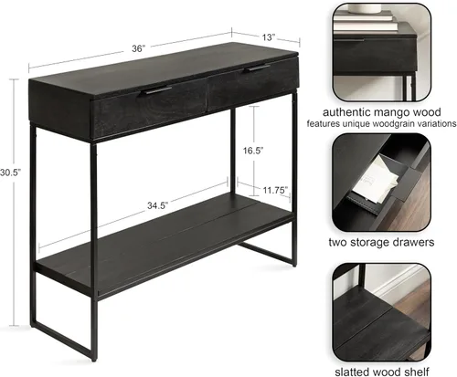 Vista 3 de Kate and Laurel Malone - Mesa consola moderna de madera con estante de madera; 36 x 13 x 31; negro; mesa de entrada de madera de transición
