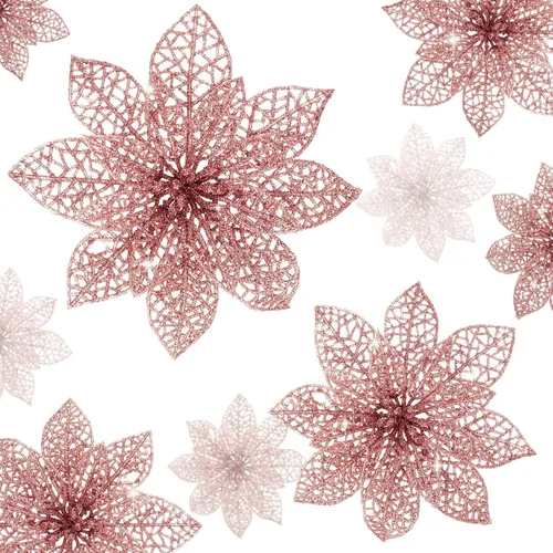 Vista 10 de Wironlst 24 piezas de flores de pascua con purpurina para árbol de Navidad, arbustos de nochebuena brillantes, decoraciones de Navidad para Navidad