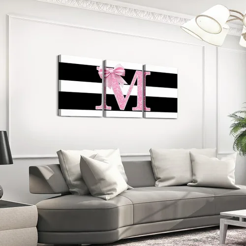 Vista 10 de Erosebridal Lienzo decorativo con monograma de 12 x 16 pulgadas, diseño de letra inicial de lazo rosa, decoración de pared, rayas blancas y negras