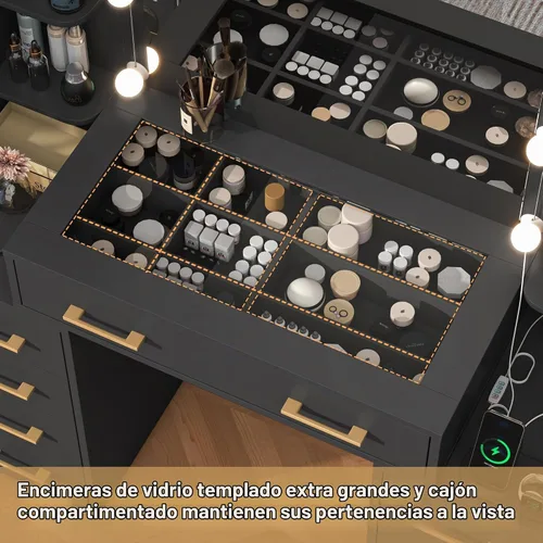 Vista 6 de Escritorio de tocador con espejo y luces, tocador de maquillaje grande de 43.5 pulgadas con parte superior de vidrio y 9 cajones, mesa de maquillaje