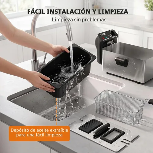 Vista 6 de OSTBA Freidora eléctrica con canasta, freidora de encimera de acero inoxidable de 1500 W, capacidad de aceite de 3.2 cuartos de galón, control