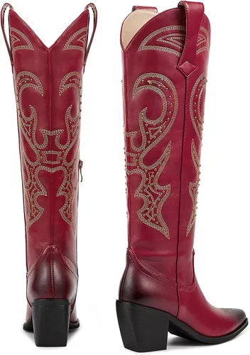 Vista 2 de wetkiss Botas vaqueras para mujer, hasta la rodilla, botas vaqueras para mujer, con diamantes de imitación, cómodas, a la moda, altas y brillantes