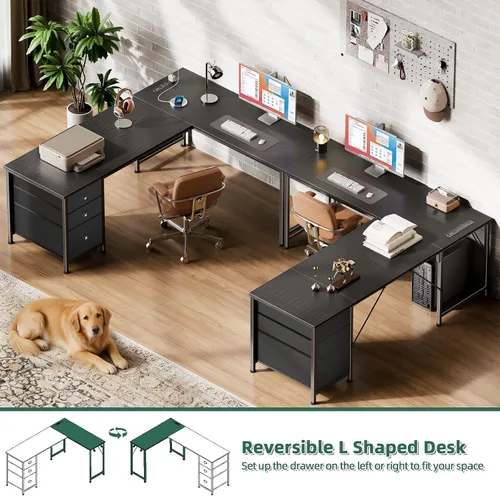 Vista 4 de Furologee 63" L Shaped Computer Desk with Power Outlet & USB-C Port, Reversible Home Office Desk with 2 Fabric Drawers, File Cabinet, Hooks, Large
