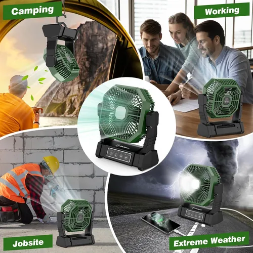Vista 8 de Multper Ventilador portátil, ventilador de campamento de 20000 mAh con linterna LED y control remoto, ventilador recargable de 4 velocidades y 4