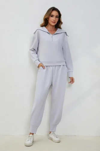 Vista 7 de Meladyan Conjunto deportivo de 2 piezas para mujer, sudadera de manga larga con solapa y media cremallera, pantalones deportivos de cintura alta