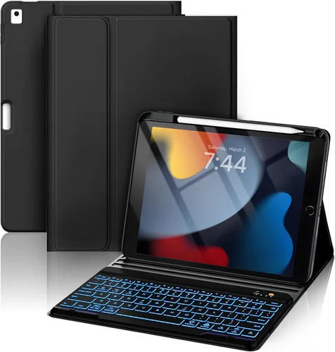 Vista 20 de OYEEICE Funda de teclado para iPad 6ª/5ª generación de 9.7 pulgadas, teclado inalámbrico desmontable retroiluminado de 7 colores, cubierta magnética