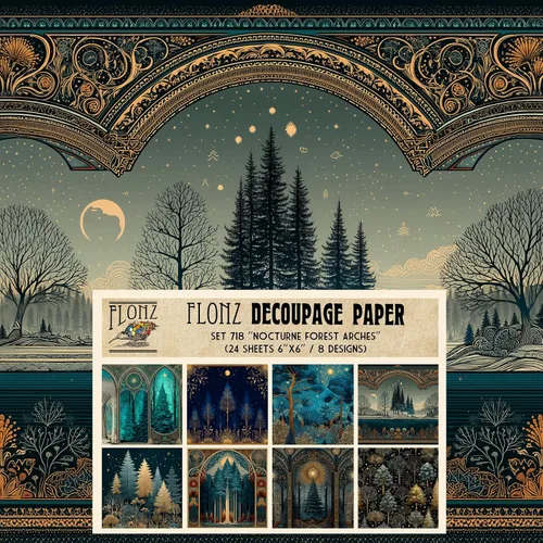 Vista 9 de Decoupage - Paquete de papel (24 hojas de 6 x 6 pulgadas), místico bosque nevado ~ árboles estilizados en colores profundos de invierno, cielos