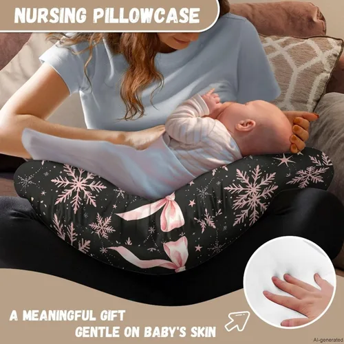 Vista 6 de Jeiento Christmas Nursing Pillow Case Black Snowflake Pink Bow Nursing Covers for Breastfeeding Pillows Soft Comfortable Slipcover for Boy and Girl
