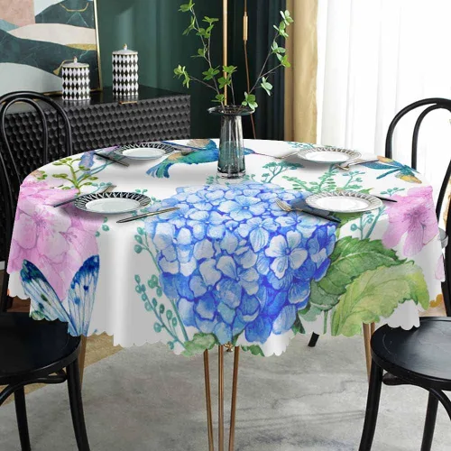 Vista 2 de AOYEGO Mantel redondo de primavera con diseño floral de pájaros, libélula, mariposa, hortensia, primavera, 60 pulgadas, para comedor, fiesta