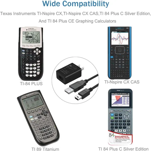 Vista 2 de Cargador para calculadora gráfica Texas Instruments TI-84 Plus CE, cable de datos de 5 pies para calculadora TI 84 Plus C Silver Edition, TI 89