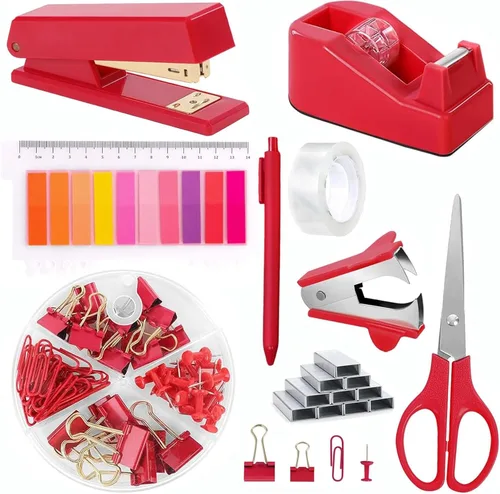 Vista 32 de Suministros de oficina, accesorios de escritorio negros, juego de suministros de oficina, juego de grapadora y dispensador de cinta, tijeras