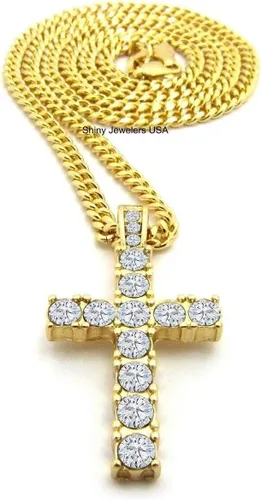 Vista 3 de Collar de cadena cubana con colgante de micro cruz de oro egipcio para hombre
