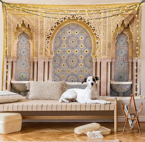 Vista 8 de Ambesonne Tapiz marroquí, típica fuente marroquí de azulejos en la ciudad de Rabat cerca de la torre Hassan, decoración de tela para colgar