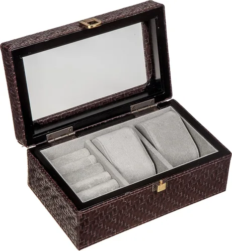 Vista 2 de Caja de reloj de cuero con patrón de cuadros ejecutivo y estuche de eslabones y organizador de almacenamiento de anillos para hombre, joyero