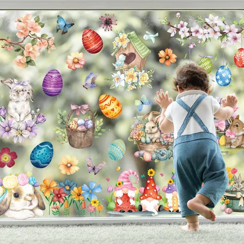 Vista 2 de WALPLUS Decoración de primavera para ventana de conejito de Pascua, decoración de primavera, de verano, reutilizable, para despegar y pegar