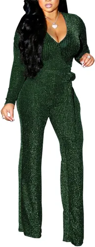 Vista 3 de HannahZone Overol sexy brillante para mujer, ropa de club, manga larga, elegante, para fiesta, cintura alta, pantalones de pierna ancha