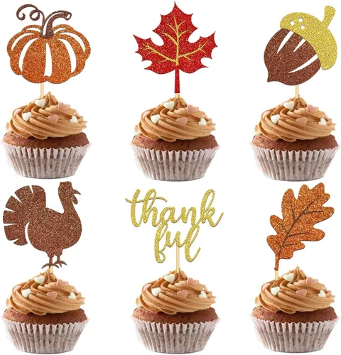 Vista 15 de 24 adornos de otoño para cupcakes para decoración del día de Acción de Gracias, lazo con purpurina para pasteles Thankful Blessed Grateful para Bow-a