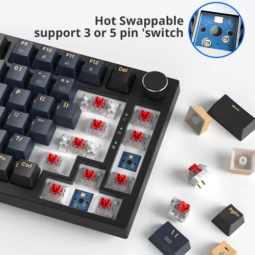 Vista 2 de BlueSamurai 75% Teclado mecánico con cable para juegos - Intercambiable en caliente, interruptor rojo, retroiluminado RGB de 82 teclas TKL