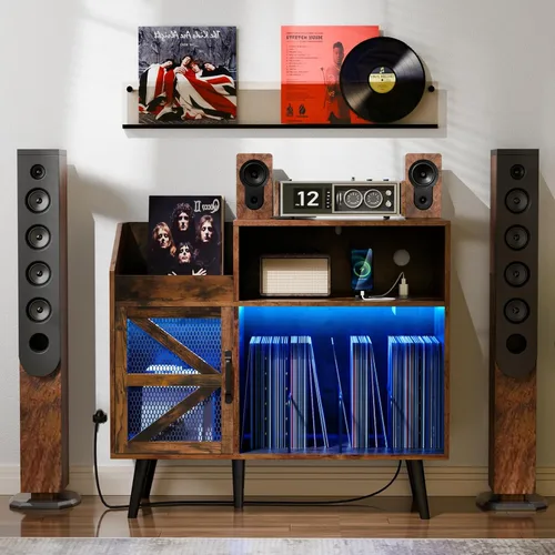 Vista 8 de MULEJYBO Soporte Grande Rústico para Tocadiscos con Puerta Magnética, Gabinete de Almacenamiento para 350 Discos de Vinilo, Mesa para Tocadiscos