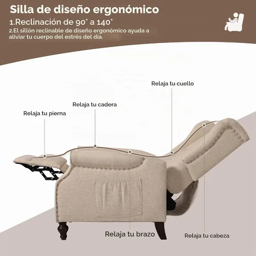 Vista 6 de Silla Wingback con masaje y calor, silla reclinable de tela copetuda, silla reclinable con respaldo de ala con control remoto, cojín acolchado