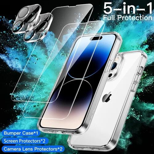 Vista 2 de JETech Funda 5 en 1 para iPhone 14 Pro Max, antiamarilleo, transparente 2 protectores de pantalla de vidrio templado, 2 protectores de lente
