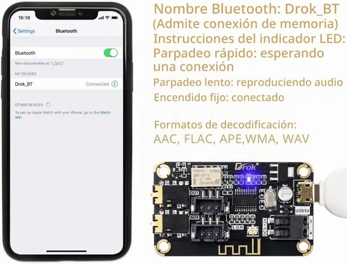 Vista 4 de DROK Placa de Bluetooth, Receptor de Audio de 12V, Módulo de Bluetooth DC 5V-12V, Electrónica Portátil, Circuito de Recepción de Música Estéreo
