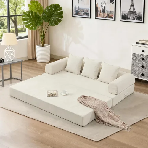 Vista 2 de Sofá cama convertible 4 en 1 de 79 pulgadas, sofás sin hueso, cama plegable de felpilla con cama extraíble, futón de suelo, sofá biplaza modular