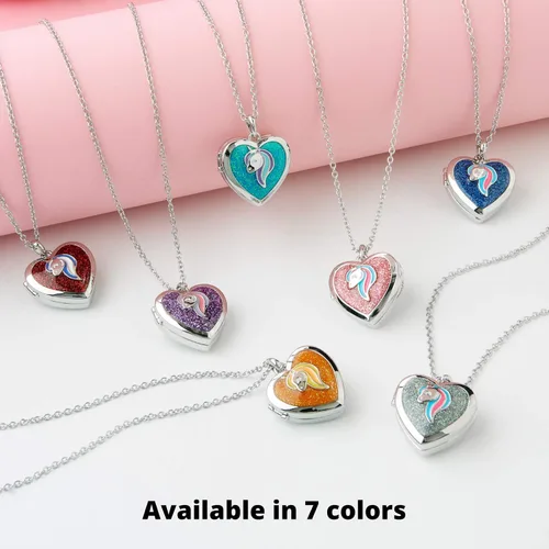 Vista 2 de Collar con medallón de corazón para niña pequeña colgante de animal con purpurina brillante almacenamiento interior secreto cadena de tono plateado