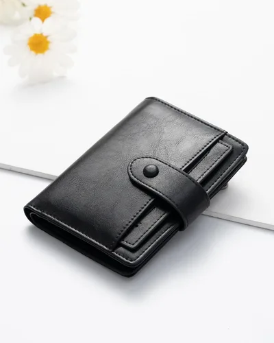 Vista 5 de Alldaily Cartera pequeña de piel con bloqueo RFID para mujer, plegable con 10 ranuras para tarjetas y bolsillo con cremallera, Negro, Pequeña