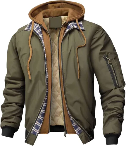Vista 11 de Chaqueta bomber para hombre, casual, otoño, invierno, primavera, cremallera, ligera, acolchada, cortavientos, abrigos, abrigos, con capucha