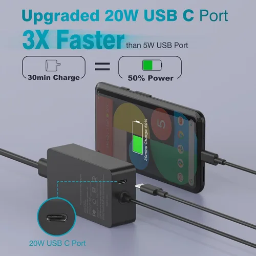 Vista 4 de Cargador para portátil de 65 W compatible con Microsoft Surface Pro 11, 10, 9, 8, 7+ Carga rápida para Surface Pro 7, 6, 5, X, laptop