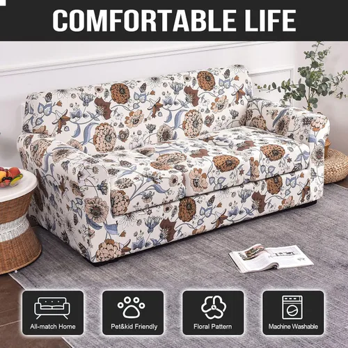 Vista 5 de JIAN YA NA Funda elástica de 4 piezas para sofá de 3 cojines, funda de sofá con estampado floral con fundas de cojín individuales, funda elástica