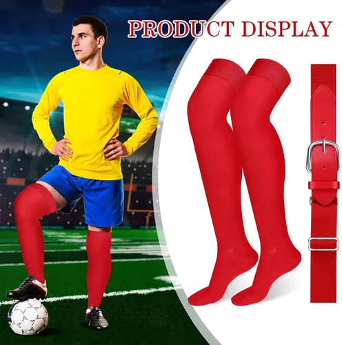 Vista 4 de Hicarer Juego de 3 pares de calcetines de fútbol por encima de la rodilla, calcetines de béisbol extralargos, calcetines de sóftbol con cinturón