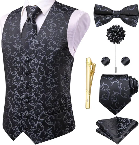 Vista 18 de Hi-Tie Chaleco de traje de seda para hombre, corbata y corbatín de solapa, clip de corbata dorado, chaleco floral de cachemira, 8 piezas, conjunto