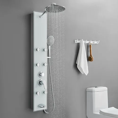 Vista 9 de POPFLY Sistema de Panel de Torre de Ducha con Altura de Brazo de Ducha Ajustable, Sistema de Cabezal de Lluvia, Panel de Ducha de Acero Inoxidable