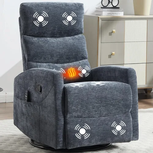 Vista 15 de Silla reclinable giratoria de 360° con masaje y calor, respaldo alto con relleno, silla mecedora tapizada para cuarto de bebé, sala de estar