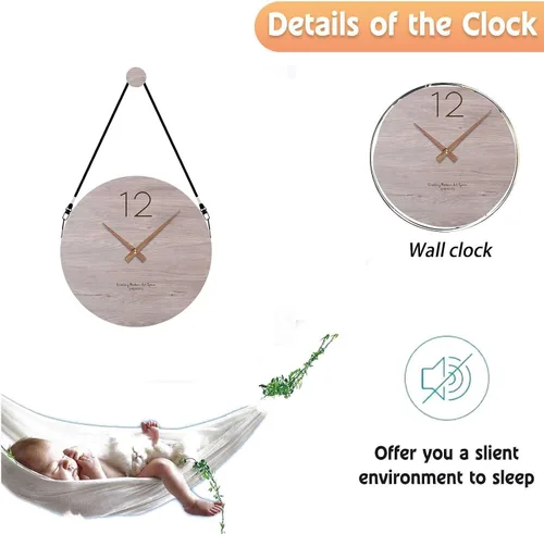 Vista 4 de Reloj de pared para dormitorio, reloj de pared de madera, funciona con pilas, redondo de 12 pulgadas, fácil de leer, decoración de pared, decoración