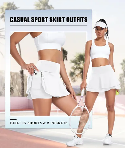 Vista 3 de EARKOHA Falda pantalón de tenis para mujer, falda de golf atlética, de cintura alta, para correr, pantalones cortos integrados con 2 bolsillos