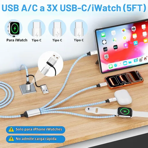 Vista 3 de Cable de carga múltiple USB C 4in2 3 X para cargador de iWatch, 5 B1-cuadrado