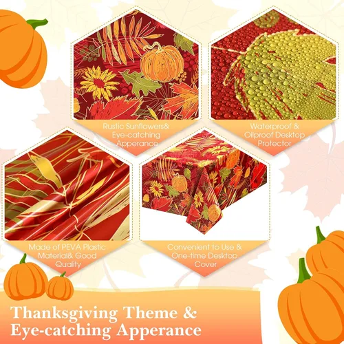 Vista 3 de Tegeme 1 mantel de plástico desechable con hojas de otoño de Acción de Gracias, diseño de hojas de arce, calabaza y arce, mantel de plástico