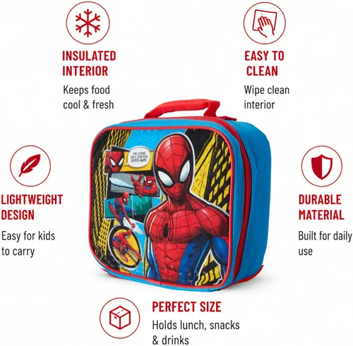 Vista 5 de Fast Forward Spider-Man - Bolsa de almuerzo aislada para niños para picnic escolar Easy-pull Zipper Glides Smooth, Soft-grip Handle for Comfy