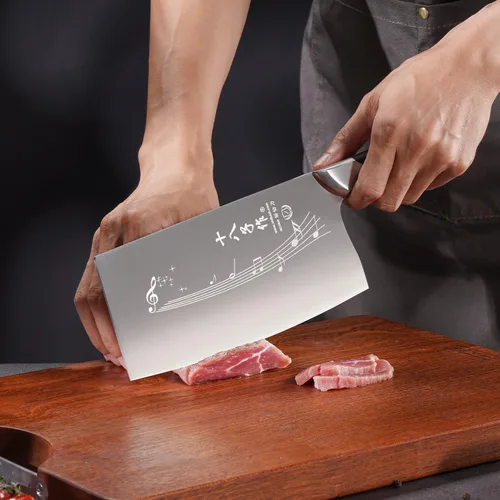 Vista 8 de SHI BA ZI ZUO Cuchillo de cocina chino de 7 pulgadas Cuchillo vegetal Cuchillo de chef profesional con mango de acero fundido de espiga completa